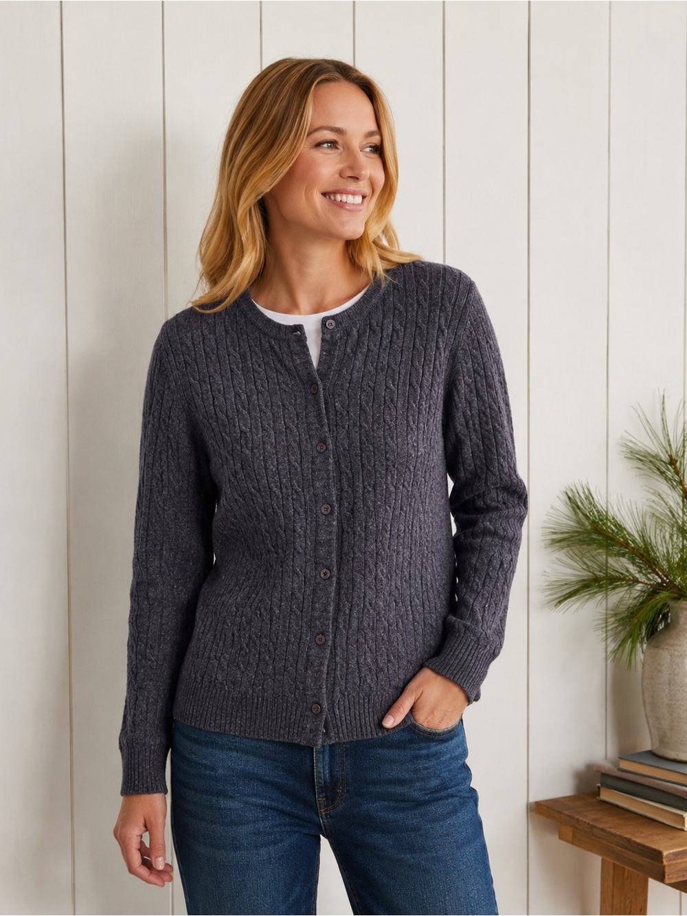 L.L. Bean Vintage Wool Blend Cable-Knit Button-Front Cardigan — Blue Gray
